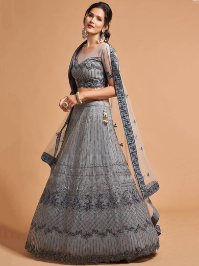 Unique Grey Dori Thread Embroidered Net Wedding Lehenga Choli